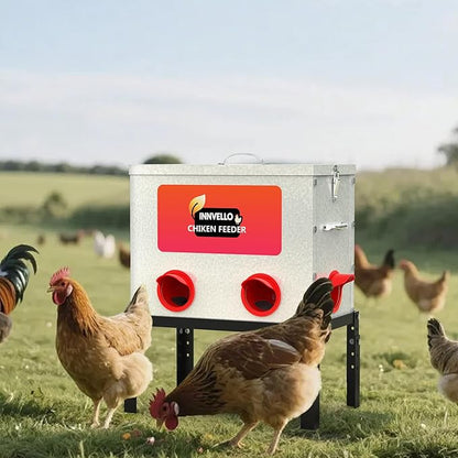 Automatic Gravity Chicken Feeder 40 lb Capacity, Large Metal 6-Port No-Waste Poultry Feeder with Adjustable Height Stand & Locking Lid for Outdoor Chickens, Ducks & Geese