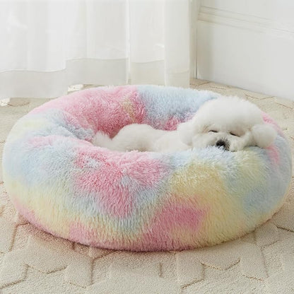 WNPETHOME Calming Dog Bed Cat Bed Donut, Faux Fur Pet Bed Self-Warming Donut Cuddler, Comfortable Round Plush Dog Beds (27 x 27 x 8 Inch, Rainbow)