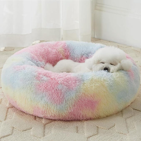 WNPETHOME Calming Dog Bed Cat Bed Donut, Faux Fur Pet Bed Self-Warming Donut Cuddler, Comfortable Round Plush Dog Beds (24 x 24 x 8 Inch, Rainbow)