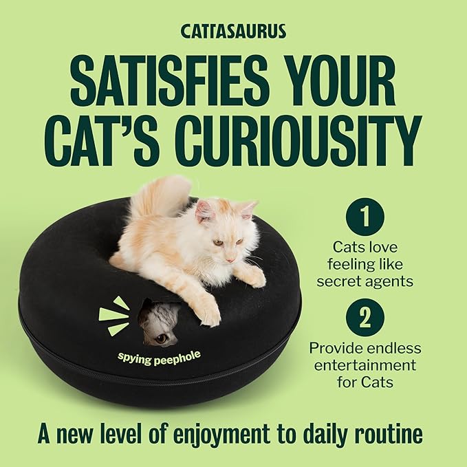 Cattasaurus Peekaboo Cat Cave Donut for Multiple & Large Cats up to 30-45 lbs, 3-in-1 Self Warming Cat Bed, Tunnel & Scratcher for Indoor Cats, Washable & Detachable Small Dog Bed (Black, Jumbo)