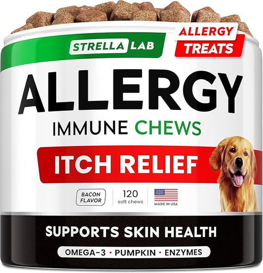 StrellaLab Dog Allergy Relief & Anti Itch Support Chews w/Omega 3: Real Ingredients, Real Taste! Skin & Coat Immune Supplement w/Fish Oil, Pumpkin & Enzymes — Developed by Experts - Made in USA -120Ct