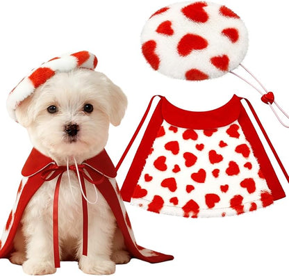 2 Pieces Valentines Day Dog Costume Set Including Beret Hats and Red Heart Love Dog Cloak Funny Puppy Xmas Costumes Holiday Outfits Clothes for Pet Cats(Small)