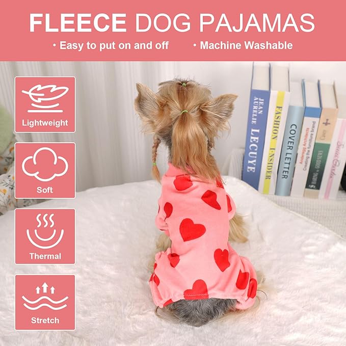 Dog Pajamas for Small Dogs Girl Boy Super Soft Puppy Clothes Fleece Puppy Pjs Jammies 4 Leg for Chihuahua Yorkie Winter Spring Onesies Jumpsuit Clothing Cute Pet Outfits Pink Love Heart, XXS