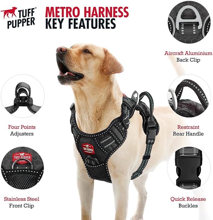 Tuff Pupper No Pull Easy Walk Dog Harness | Heavy Duty Pet Vest | Front & Back Leash Clips | Strong Safety Handle | Reflective Anti Pull Vest | Comfortable Padded Escape Proof Harness (Small, Black)
