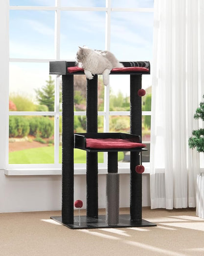 FourFurPets 43.7" Cat Tree, Modern Cat Tree Tower, Cat Tower for Indoor Cats Large Adult, Cat Condo with Scratching Post, Large Perch and Removable Pads, Black&Red