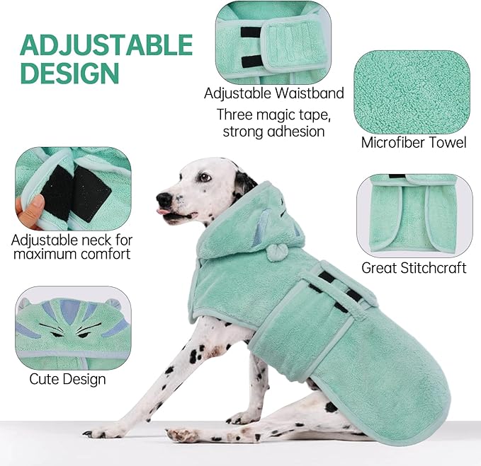 Microfibre Dog Drying Coat, Fast Drying Super Absorbent Towel, Magic Sticker & Belly Strap, Robes for After Bath, Small to Large Dog & Cat