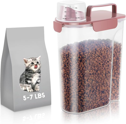 5-7Lbs Cat Dog Storage Container, Portable Pet Food Containers with Upgraded Large Spout and Cup, Small Animal Kibble Dispenser for Bird Seed, Oatmeal, Rice, Flour (1, Pink, 5L)