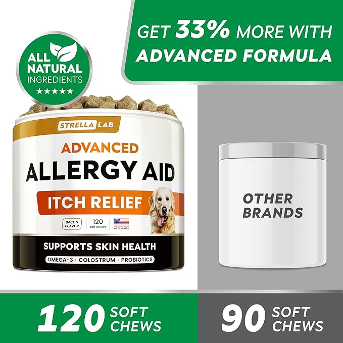 StrellaLab Dog Allergy Relief & Anti Itch Support Chews w/Omega 3: Real Ingredients, Real Taste! Skin & Coat Immune Supplement w/Fish Oil, Pumpkin & Enzymes — Developed by Experts - Made in USA -120Ct