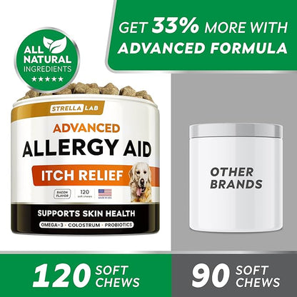 StrellaLab Dog Allergy Relief & Anti Itch Support Chews w/Omega 3: Real Ingredients, Real Taste! Skin & Coat Immune Supplement w/Fish Oil, Pumpkin & Enzymes — Developed by Experts - Made in USA -120Ct