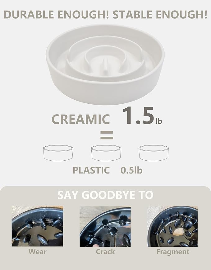 Ceramic Slow Feeder Dog Bowls Elevated, 0.6 Cup Slow Feeder for Small Dogs and Cats, Puzzle Maze Bowl, Prevents Choking, 6in, White