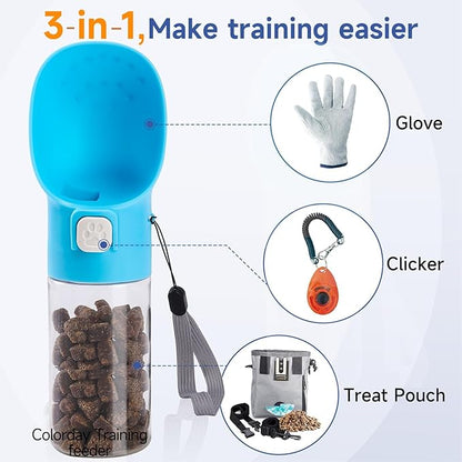 Colorday Handheld Dog Treat Dispenser Built-in Clicker & Treat Pouch, Slow Feeder for Puppy Training Walking Hiking Traveling (10 OZ, Blue)