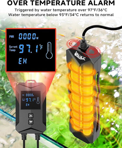 AQQA Aquarium Heater 800W/1000W/1200W/1400W Fish Tank Heater with LED Digital Display 110-120V Submersible No Pond Heaters with Overheat & Dry-Out Protection for Freshwater & Saltwater Tanks (1200W)