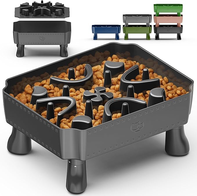 UPSKY Slow Feeder Dog Bowl, 2-in-1 Raised Dog Bowl with Anti-Choking Maze Puzzle, 2-6 Cups Pet Food for Small & Medium Breeds, Interactive Pet Feeder to Slow Eating, Reduce Boredom Grey