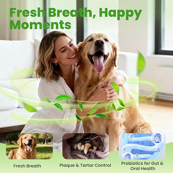 Dental Powder for Dogs Teeth Cleaning Powder Probiotic Dental Care Supplement for Pet Dog,with Brown Algae, Plaque Tartar Remover, Fresh Breath, Sensitive Stomach Support, No Brush