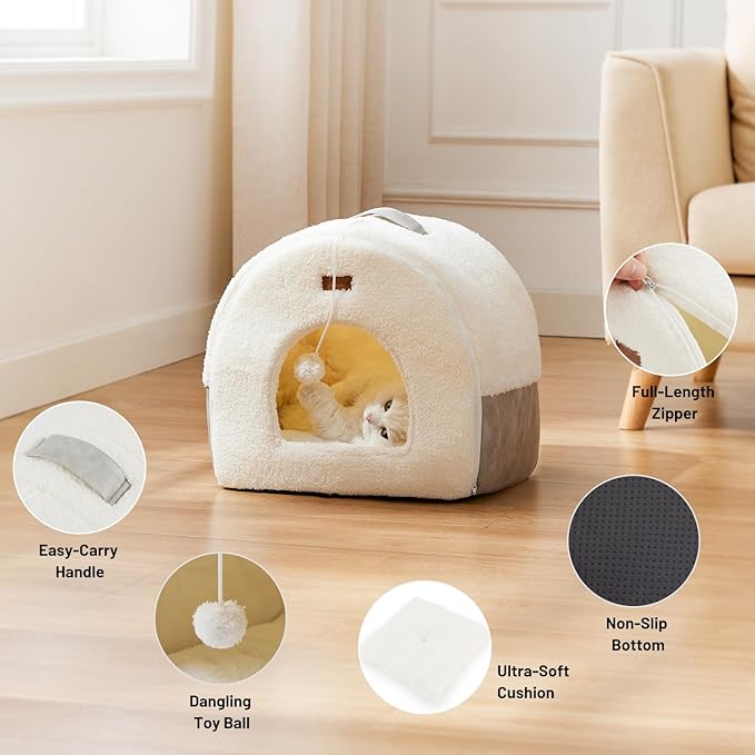 Cat Bed Cave for Indoor Cats - 2 in 1 Cat Hideaway Hut Fully Machine-Washable, Covered Kitten House Bed with Cushioned Pillow, Cute Small Pet Tent with Non-Slip Bottom, 15 Inches