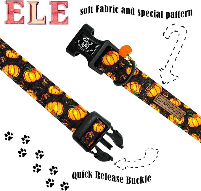 Elegant little tail Halloween Dog Collar, Pumpkin with Maple Leaf Print Fall Pet Collars Cotton Soft Sturdy Puppy Collars Holiday Female Adjustable Collar for X-Small Puppy
