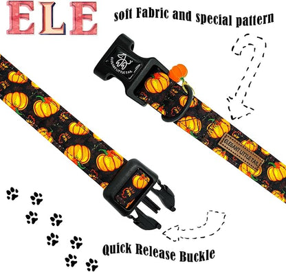Elegant little tail Halloween Dog Collar, Pumpkin with Maple Leaf Print Fall Pet Collars Cotton Soft Sturdy Puppy Collars Holiday Female Adjustable Collar for X-Small Puppy
