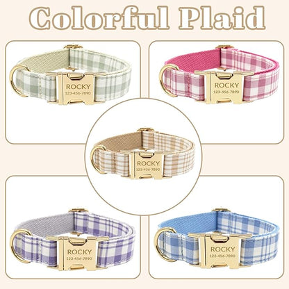 Custom Personalized Dog Collars with Pet Name/Phone Number Engraved Gold Metal Buckle - Soft Adjustable Collar for Small Medium Large Dogs (Plaid)