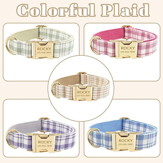 Custom Personalized Dog Collars with Pet Name/Phone Number Engraved Gold Metal Buckle - Soft Adjustable Collar for Small Medium Large Dogs (Plaid)