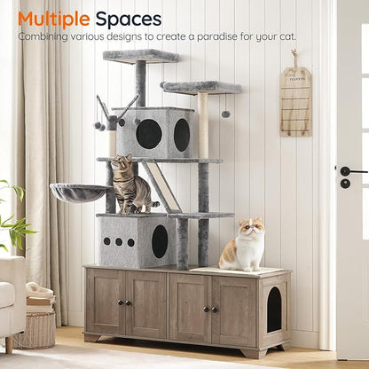 HOOBRO Double Litter Box Enclosure with Cat Tree, 45.3" L x 17.7" W x 68.9" H All-in-One Modern Cat Tower with Bed, Hidden Litter Box Enclosure Furniture, with Hammock, Sisal Posts, Greige BG22MZ03