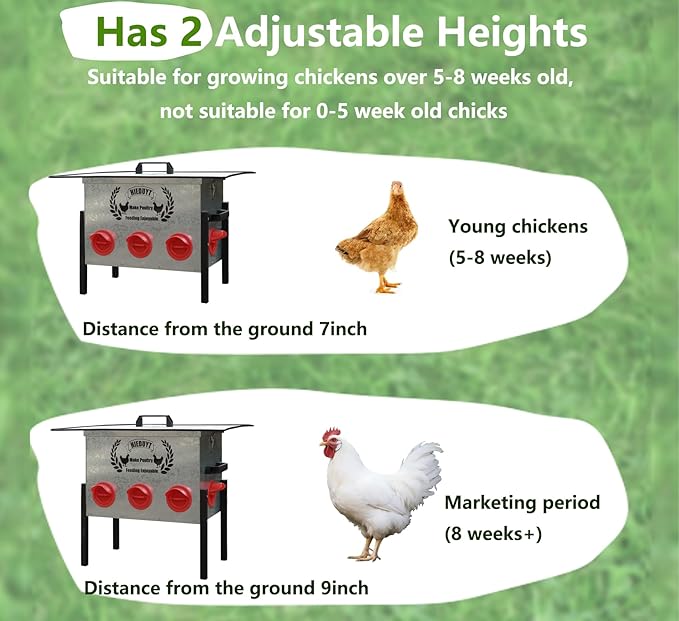 45LB Large Automatic Chicken Feeder, 8 Feeding Ports, No-Waste Poultry Feeder, Squirrel Proof Metal Chicken Feeder, with Adjustable Legs & Locking Lid and Waterproof Panel