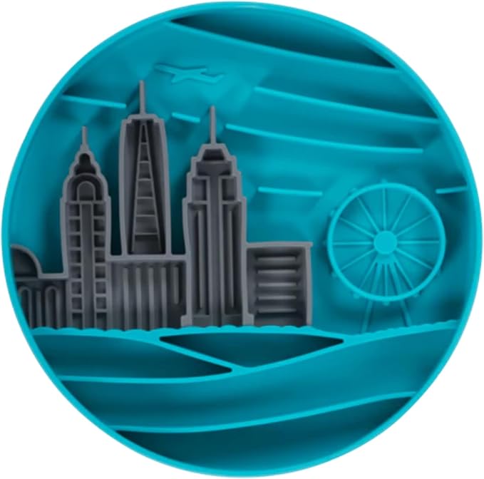 Messy Mutts and Cats Interactive Slow Feeder | Urban City Blue - 2 Cup Capacity | 8” Round Silicone Puzzle Slow Feeder for Dogs/Cats | Enrichment Food Dish for Slow Eating, Bloating