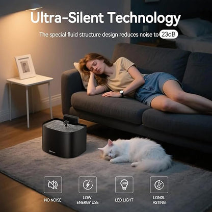 Cat Water Fountain, 122oz/3.6L Pumpless Wireless Cat Fountain, Cordless Water Fountains for Cats Indoor, Dog Pet Water Fountain Battery Operated with Stainless Steel Tray (Black, Fountain+2 Fliters)