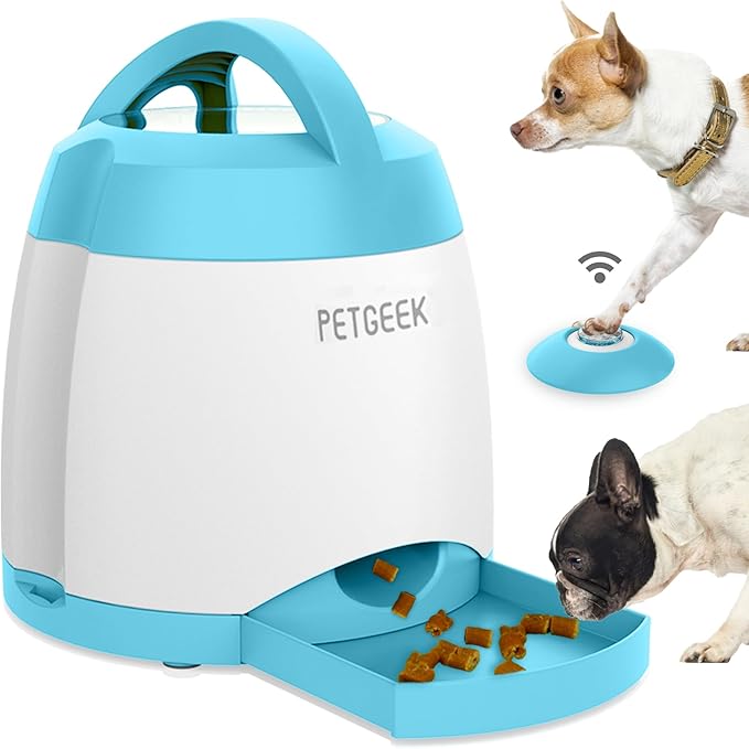 PETGEEK Dog Treat Dispenser with Button, Automatic Dog Feeder with Remote Control and Dual Power Supply, Dogs Puzzle Toys and Interactive Pet Stimulation Toys for Indoor/Outdoor Play (Blue)