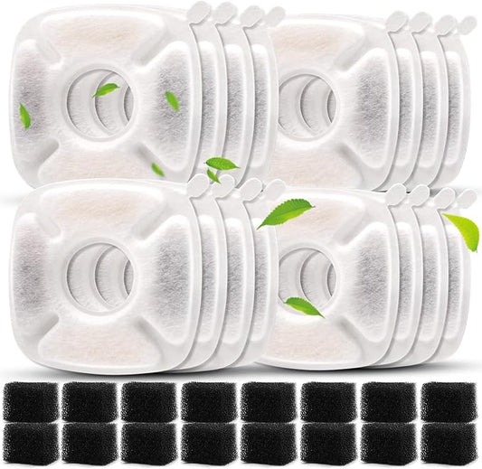 Pet Fountain Filters Compatible with 95Oz/2.8L Dog Water Fountain, Cat Water (16 Carbon filters+16 Sponge filters)