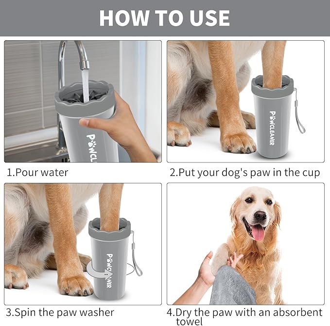 Professional 7 in 1 Dog Paw Cleaner for Dogs & Cats - Includes 1 Portable Paw Washer, 1 Bath Brush, 2 Dog Toothbrushes and 3 Absorbent Towels Note: Fits Paws 2.5 to 3.5 Inches Wide (Large, Grey)