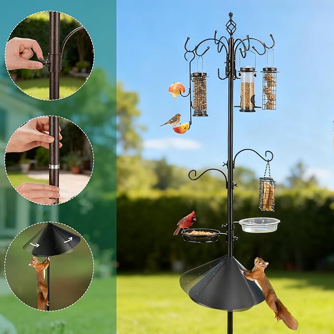 Bird Feeding Station Kit with Squirrel Baffle Bird Feeder Pole with Suet Cage Mesh Tray Fruit Hook Double W Hook for Attracting Wild Birds and Hanging Planter Hanger Lights