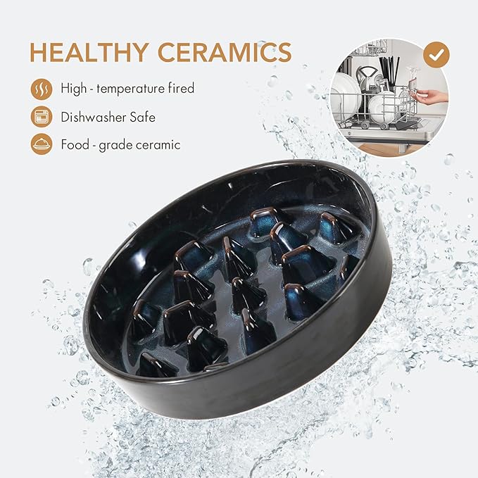 Ceramic 3.2 Cup Raised Slow Feeder Dog Bowl Set, Elevated 8.2inch Bowl and 9.5inch Slow Feeder Dish with Acacia Wood Stand for Large Dog (2 x Starry Sky+ Stand)