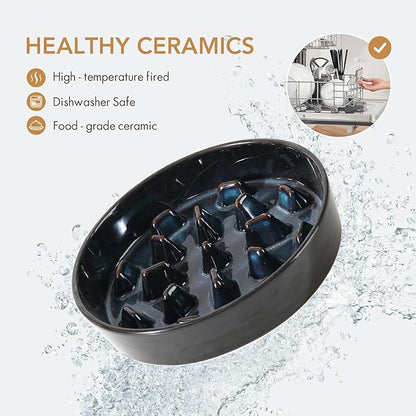 Ceramic 3.2 Cup Raised Slow Feeder Dog Bowl Set, Elevated 8.2inch Bowl and 9.5inch Slow Feeder Dish with Acacia Wood Stand for Large Dog (2 x Starry Sky+ Stand)