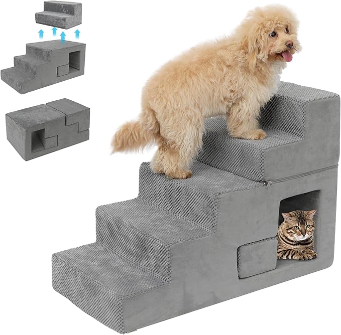 Dog Stairs for Small Dogs 23” H, 5-Step Dog Steps for High Bed, High-Density Foam Pet Stairs with Non-Slip Removable Washable Cover to Get on Bed