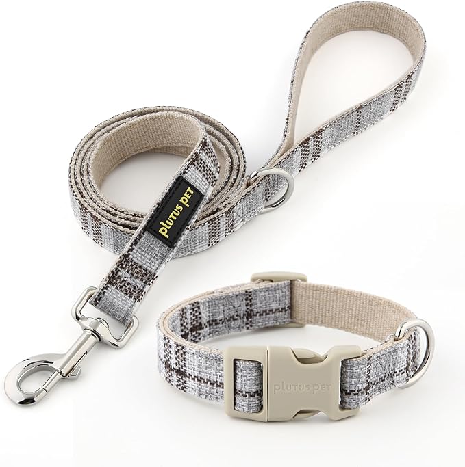 Plutus Pet Cotton Hemp Dog Collar and Leash Set, Adjustable Collar for Small, Medium, and Large Dogs, Heavy Duty and Soft on Skin, Gray Plaid, S