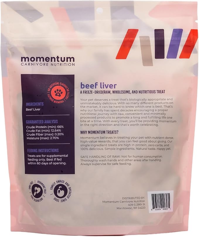 Momentum Carnivore Nutrition Freeze-Dried Beef Liver Dog Treats & Cat Treats – Single-Ingredient, High-Protein, Grain-Free, Nutrient-Rich – Made in USA – 4 oz Bag