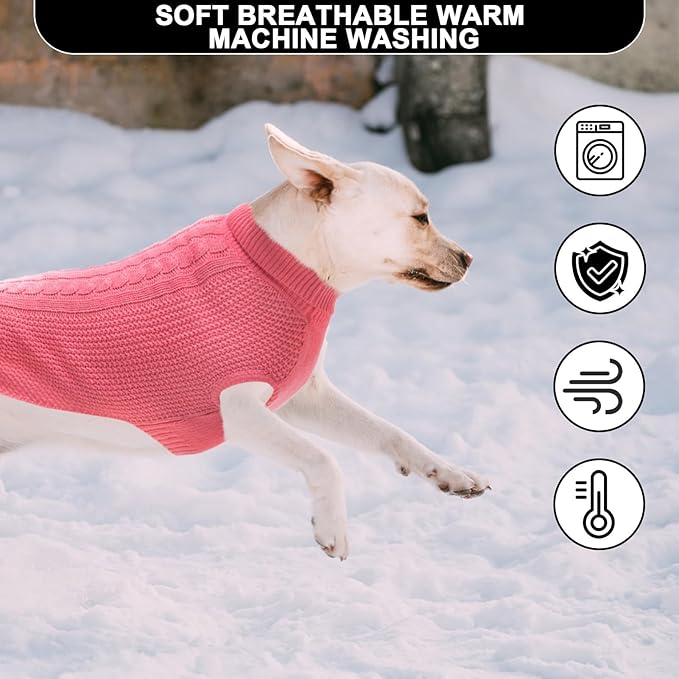 XXS Dog Sweater, Classic Cable Knit Warm Dog Sweatshirt with Reflective Yarn for Girl Boy, Halloween Fall Winter Coat Turtleneck Pullover Clothes Apparel for Small Medium Large Dogs (Pink XXS)