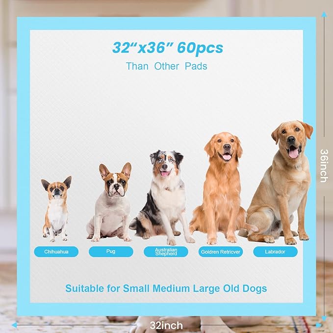60 Count Dog Pee Pads Extra Large,32"X 36"Pet Training Pads,Disposable Pet Potty Pads Super Absorbent & Leak-Proof for House Training Cats,Rabbits,Dogs Leak-Proof Pet Pads