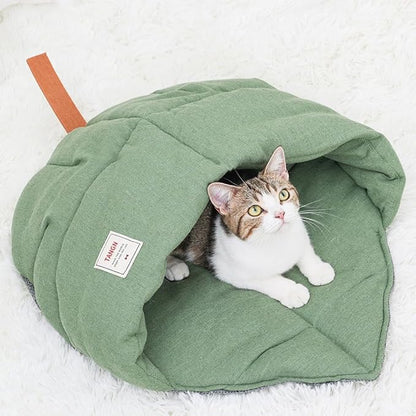 Cat Sleeping Bag,Linen Fabric Cat Bed Cave Leaf Nest Pet Cuddle Zone Covered Hide Hood Burrowing Cozy Soft Durable Washable with Non-Slip Bottom for Indoor Puppy and Kitten (Green)