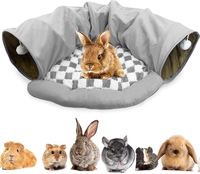 PINVNBY Large Bunny Tunnel Bed Removable and Cozy Guinea Pig Hideout Tunnel Washable Small Animal Tunnels Tube Toys Guinea Pig Accessories for Rabbit Chinchilla Hedgehog Ferret (Gray)