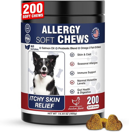 Dog Allergy Chews 200 Treats, Dog Allergy and Itching Skin Relief Bites Immune Support Dogs Probiotics for Yeast, Itchy Skin and Itchy Ears Anti Itch Licking Paws Treatment for Dogs Seasonal Allergies