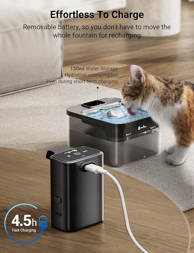 DownyPaws Cat Water Fountain Stainless Steel Cordless, 84oz/2.5L Fursink Wireless Pet Water Fountains for Cats Indoor, Battery Operated Cat Drinking Fountain, Ultra Quiet Pump, BPA-Free, Black