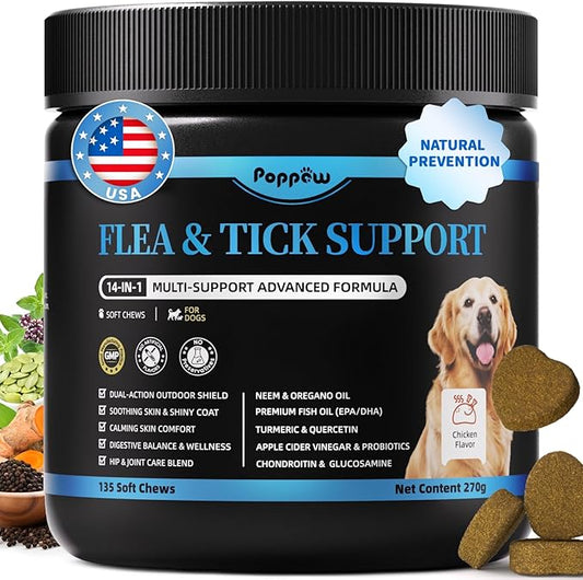 Dog Flea and Tick Treatment Chewable, 5-in-1 Natural Flea and Tick Prevention Chews, Dog Oral Flea and Tick Support Supplement, for All Breeds and Ages, Chicken Flavor, 135 Count