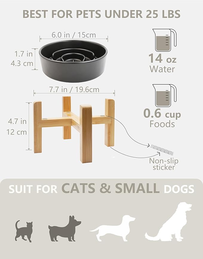 Ceramic Slow Feeder Dog Bowls Elevated, 0.6 Cup Slow Feeder for Small Dogs and Cats, Puzzle Maze Bowl, Prevents Choking, 6in, Black