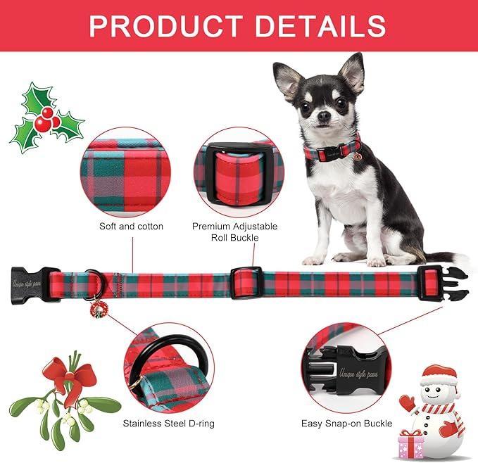 Unique Style Paws Christmas Dog Collar Plastic Buckle with Pendant Red Green Grid Cotton Puppy Collars for Small Medium Large Dogs