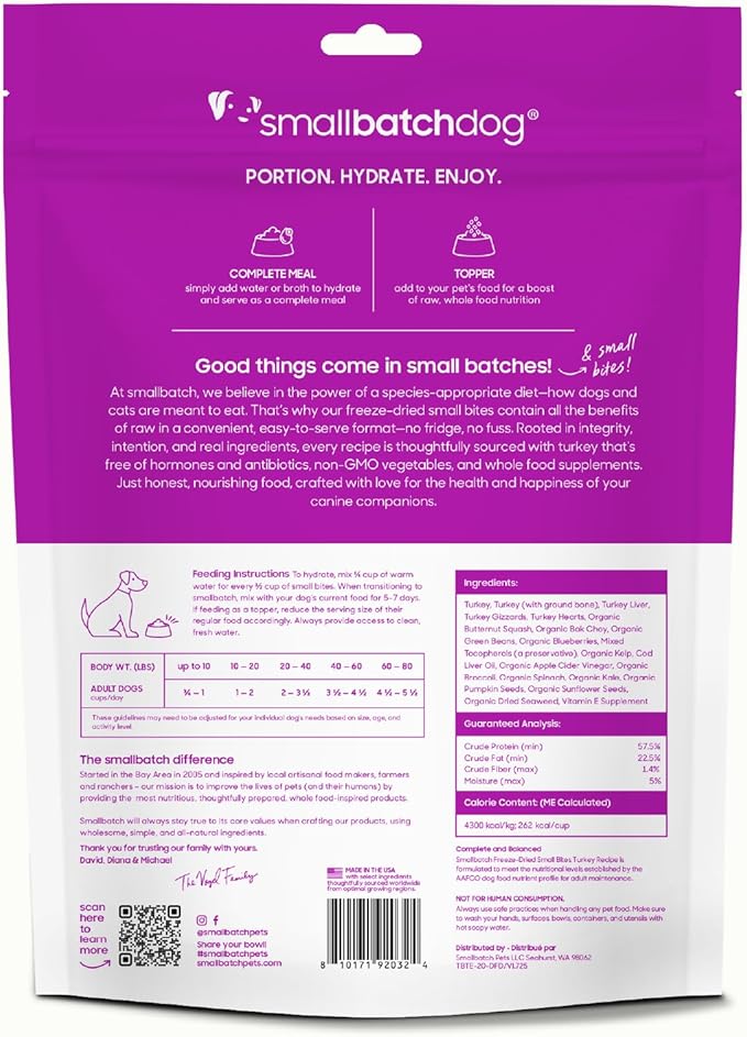 smallbatch Pets Freeze-Dried Raw Dog Food – Turkey Recipe –20 oz Small Bites – High Protein, Grain Free – Complete Meal or Topper – Made in USA with Organic Superfoods(20 Oz, Turkey)