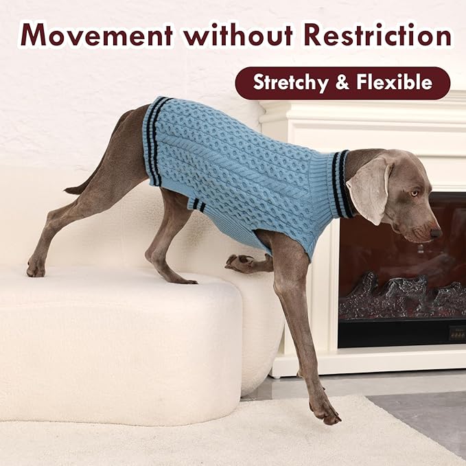 Large Dog Sweater, Fall Winter Warm Turtleneck Pullover, Thick Soft Stretchy Knit for Sensitive Skin, Fleece Christmas Sweaters for Dogs Girl Boy Easy on, Blue L