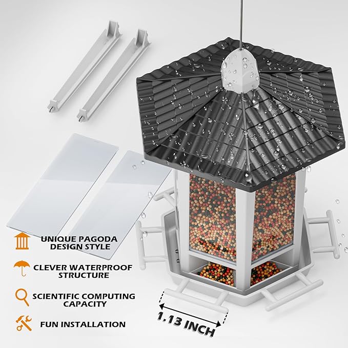 Birdream 2 Pack Bird Feeders for Outdoor Hanging, Retro Pagoda Design Fun Installation Bird Feeder, Attracting Wild Birds Chickadees Goldfinches Cardinals Finches and Sparrows - Black&White