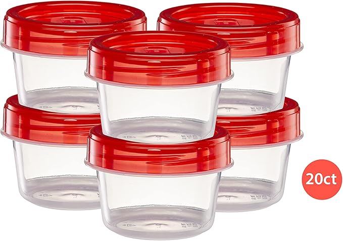 (4 Ounce 20 Pack) Twist cap Containers Clear Bottom With Red Top Screw on Lids Twist Top Food Storage Freezer Containers