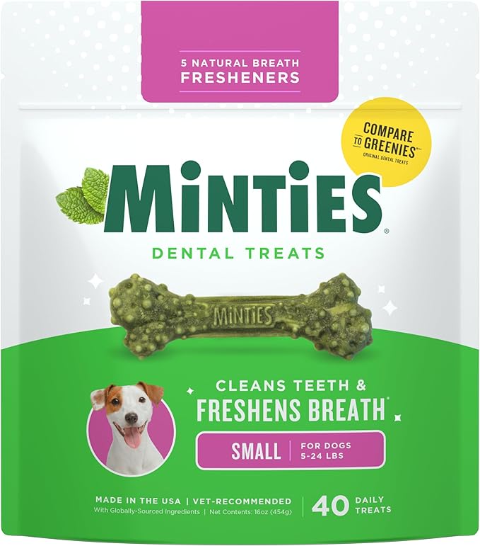 Minties Dog Dental Bone Treats, Tiny/Small Dental Dog Treats, 16 Ounces, Cleans Teeth, Fight Bad Breath, Removes Plaque and Tartar, 16 Count